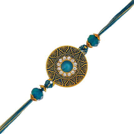eCraftIndia Golden Blue Beads Diamond Designer Rakhi for Brother | Raksha Bandhan Rakhi for Bhaiya Bhabhi Bhai Kids | Best Bro Ever Fridge Magnet | Roli Chawal Pack 