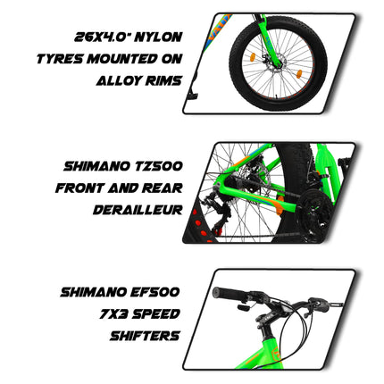 Vaux Joggers Fat Bike Cycle for Men with 21 Speed Gear & Aluminum Alloy Frame, Big Tyre Cycle for Boys 15 Years with 26x4.0inch Tyres, Lockout Front Suspension Fork & Double Disc Brakes(Green) 