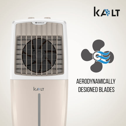 Havells Kalt 24L Personal Air Cooler for home | Powerful Air Delivery | Low Noise, Knob Panel | Everlast Pump | 4 Way Air Deflection | High Density Honeycomb Pads | Heavy Duty (White/Champagne Gold) 