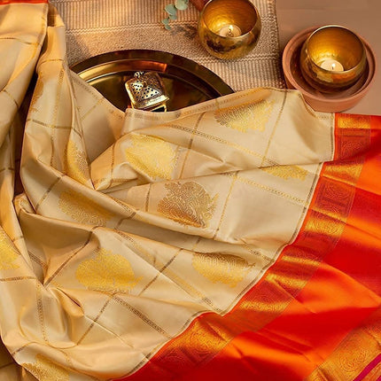 SGF11- Women's Kanjivaram Soft Lichi Silk Saree With Blouse Piece (White Orange) 