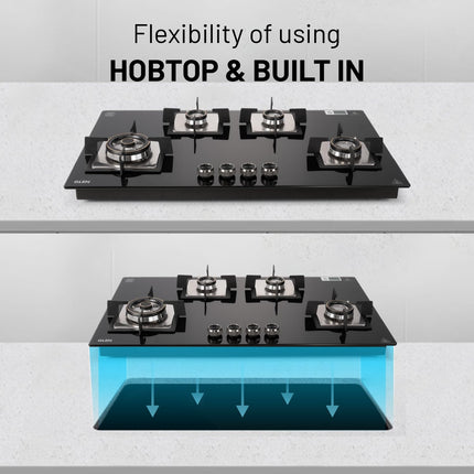 Glen Hob 4 Burner Gas Stove Auto Ignition Built In Hob | 8 MM Toughened Glass Black | Forged brass burners with double-ring Flames | Gas Stove Warranty 2 Years Standard & 5 Years Glass 1094XLSQHTDBTR 