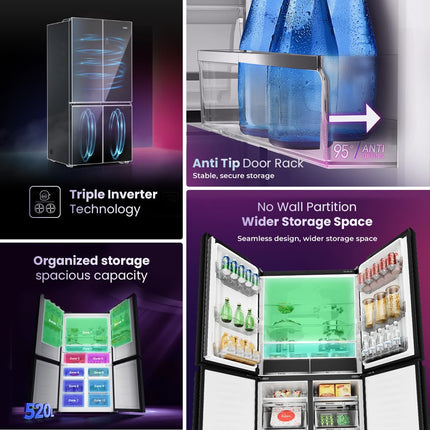 Haier 520L 3 Star Lumiere French Door 4-Door Side by Side Frost Free Refrigerator | Convertible Magic Zone | Inverter | Digital Display Panel | Deo Fresh Technology (HRB-600IS, Inox Steel) 