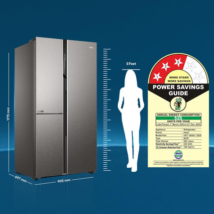 Haier SmartChoice 598L 3 Star 3-Door Side by Side Frost Free Refrigerator|Convertible|Smart Sense AI|Expert Inverter Compressor|Digital Display Panel (2025 Model, HRT-683ISU1, Inox Steel) 