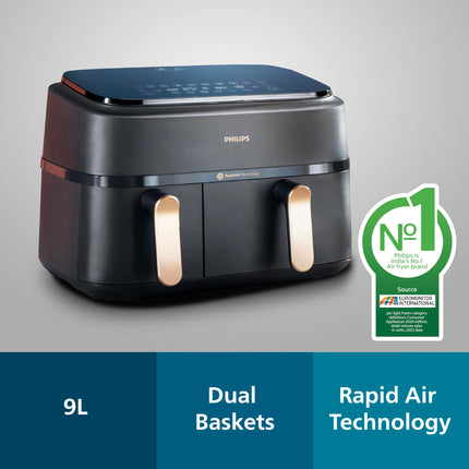 PHILIPS Air Fryer NA352/00 with Rapid Air Technology, 9L capacity, Dual basket (6L & 3L) for full oven tray cooking, 8 Preset Menus, Intuitive touch control, 90% less oil, 500+ Recipes, Extra Large 