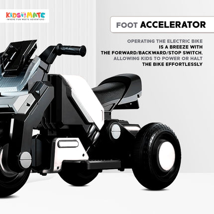 Kidsmate Hyrider 6V Electric Kids Bike with Rechargeable 6.5 Ah Battery Inbuilt Imported Motor Drive | Music Player, Front LED Light & Foot Accelerator Pedal Bike for Ages 1-4 Years (White) 