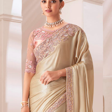 AKHILAM Women's Cream Pure Chiffon Embellished Saree With Unstitched Blouse (SNDLWOD1303_TFH) 