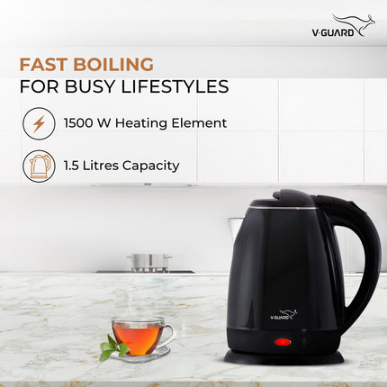 V-Guard VKP15 Prime 1.5 Litre Electric Kettle for Hot Water | Cool Touch Body | 2 Year Coverage By V-Guard |1500 Watt | Double Layer Outer Body,Plastic,Black 
