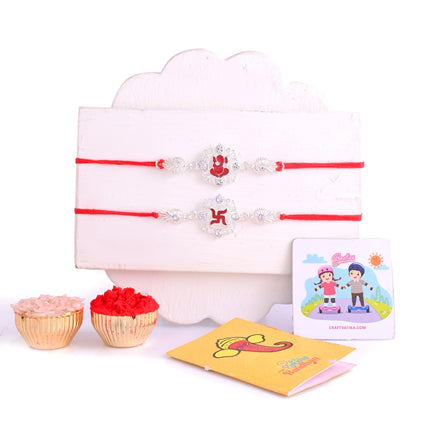 CraftVatika Silver Rakhi for Brother Bhaiya - Rakhi Set of 2, Ganesha Rakhis for Rakshabandhan, Silver Raki for Brother Boy Men Kids, Rakshasutra Thread for Bhai 