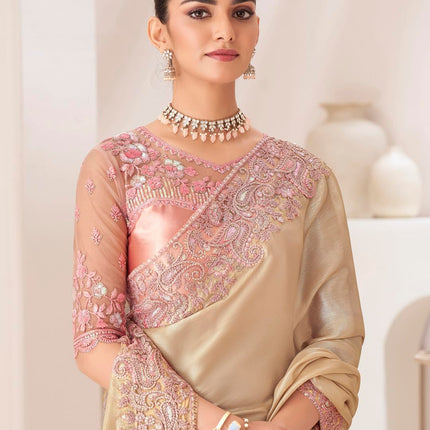 AKHILAM Women's Cream Pure Chiffon Embellished Saree With Unstitched Blouse (SNDLWOD1303_TFH) 