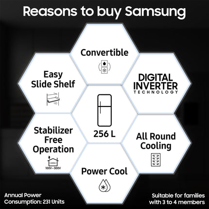 Samsung 256 L, 3 Star, Convertible, Digital Inverter with Display Frost Free Double Door Refrigerator (RT30C3733BX/HL, Luxe Black) 