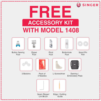 Singer Promise 1408 Zig-Zag Sewing Machine, 8 Built-in Stitches, 24 Stitches Functions with 70W Powerful motor & Feed dog with106 Teeth in 6 Rows (White)-Get Free Online Interactive Master Class 