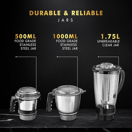 Sujata MG01 Mixer Grinder|1000 Watts Double Ball Bearing Motor|25000 RPM| Non-Stop 90 Mins Running|3 Jars including 1750ml Blender, 1000ml Grinder, 500ml Chutney Jar| (Black) 