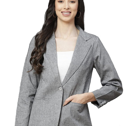 Women Grey Solid Regular Fit Single Breasted Blazer 