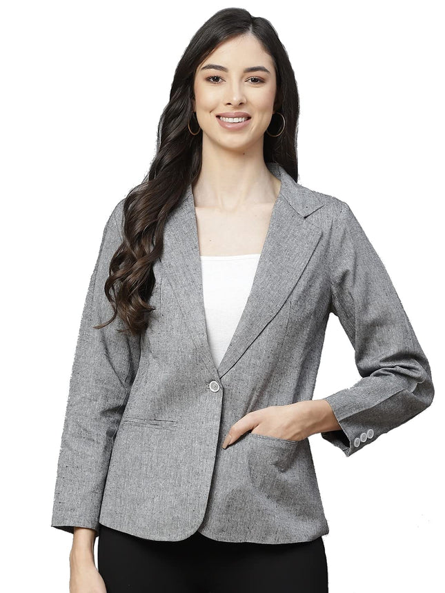 Women Grey Solid Regular Fit Single Breasted Blazer 