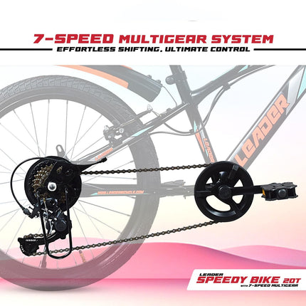 Leader Speedy Bike 20T 7 Speed Kids Cycle | Frame Size 12 Inch | Gear Cycle for Boys & Girls of Ages 7 to 10 Yrs - Black/Orange, Front Suspension 