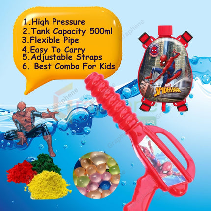 GRAPHENE Red Holi Pichkari Water Gun for Kids 500ml Back Holding Water Tank Pichkari High Pressure 1 Pkt Gulal & 100 Water Balloons Spider Man Water Spray Pistol Gun ISI Approved 