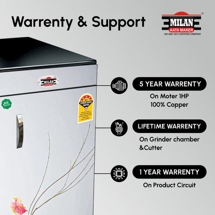Milan Fully Automatic Domestic Flour Mill Machine - Atta Chakki, Aata Maker, Ghar Ghanti | 8-10 Kg/Hr Grinding Capacity, 4.5 Kg Hopper | 2880 RPM Motor | Low Voltage Operation (175V)(Small Pot) 