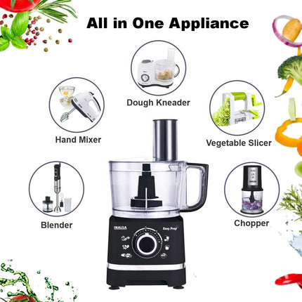 INALSA Food Processor for Kitchen with 800 W Copper Motor|1.4 L Main Bowl Capacity |2 Speed Setting with Pulse Function|7 Accessories| chopping| kneading| shredding|Child Lock Safety (Black)-Easy Prep 