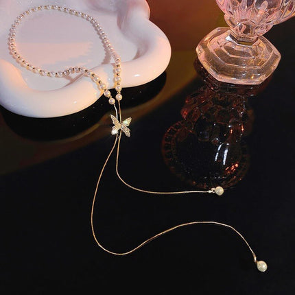 Fashion Frill Elegant Golden Chain Necklace For Women Butterfly Pearl Long Chain Pendant Necklace For Women Girls Love Gifts Womens Jewellery