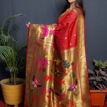 SGF11Women's Paithani Kanjivaram Pure Soft Silk Handloom Saree Pure Golden Zari With Blouse Piece (Red) 