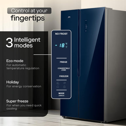 Godrej Smart Choice 600L 3Star Frost Free Smart Convertible AI Tech 3 Intelligent Modes Toughened Glass Door Inverter Side By Side Refrigerator (2025 Model,RS EONVELVET 646C RIT SM BL,Storm Blue) 