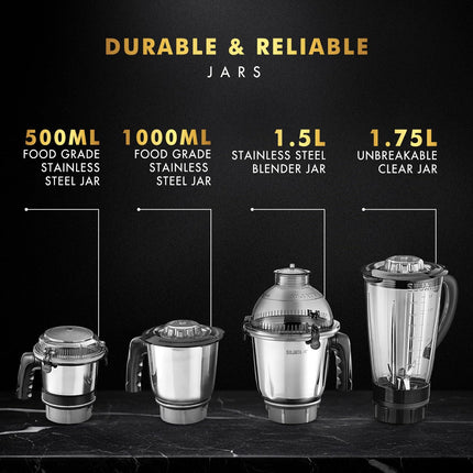 Sujata MG03 Mixer Grinder|1000 Watts Double Ball Bearing Motor|25000 RPM|Non-Stop 90 Mins Running|4 Jars including 1750ml Blender with Coconut Milk Extractor, 1500ml, 1000ml, 500ml Jar| (Black) 