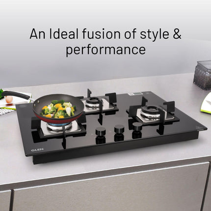 Glen Hob Top 3 Burner Built In Hob In Glass Hob Gas Stove 3 Burner Auto Ignition | 8 MM Toughened Glass | Italian Burner with Double Ring Flame Warranty 2 Years Standard (1073 SQ HT IN 70) 
