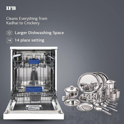 IFB 14 Place Settings 70 degree Hot wash Dishwasher (Neptune FX14, White, 360 Degree Spray Arm, Washes from Kadhai to Crockery) 