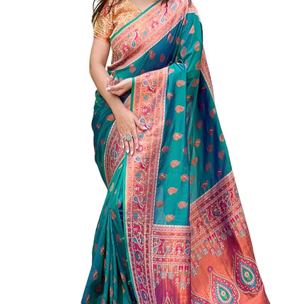 SGF11 Women's Kanjivaram Paithani Soft Silk Sarees For Womens With Blouse Piece (Rama Green) 