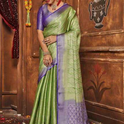 premvastra Women's Pure Silk Brocade Mysore Silk sarees Banarasi Silk Jacquard Zari Work With Unstitched brocket blouse with borders-008 (Green) 