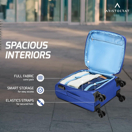 Aristocrat Drift Cabin Expander Trolley Bag 55cm | Small | Soft Luggage | Smooth 8-Wheel Suitcase | Secure Combination Lock with Sturdy Zipper | Robust Construction | 5-Year Warranty (Blue) 