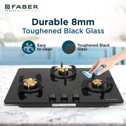 Faber 3 Burner 70cm Hob |Auto-Ignition| HOB PRIME HT703 CRS BR CI AI |Metal Knobs| Cast Iron Pan Support |Hob/Cooktop Hybrid| Black Glass Finish |5 Yr Warranty on Glass,Valve & 2 Yr on Burner by Faber 