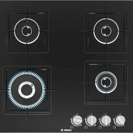Bosch Built in Gas Hob Black Tempered glass Glass 4 Burner Auto Ignition 60 cm Italian Double Ring Burners (PNH6B6B12I) 