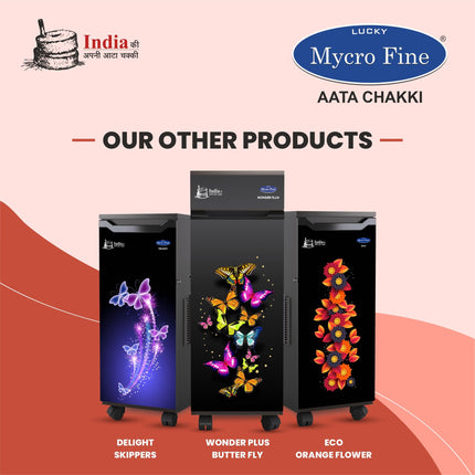 Lucky Mycrofine Eco Orange Flower Atta Chakki, Flour Mill 7 to 8KG Container Capacity Fully Automatic Domestic Ghar Ghanti for Grinding Masala and Grains, with Standard Accessories (0.75 Units/Hr) 