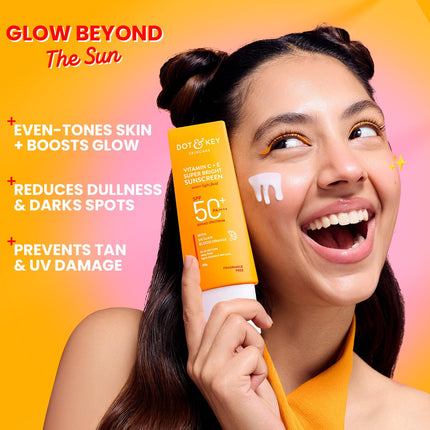 DOT & KEY Vitamin C + E Super Bright Sunscreen Spf 50 |Water-Light,UVA/UVB & Blue Light Protection|For Even Toned & Glowing Skin|With Liquid Spf 50+++| No White Cast| For All Skin Types| 50G,Pack Of 1 