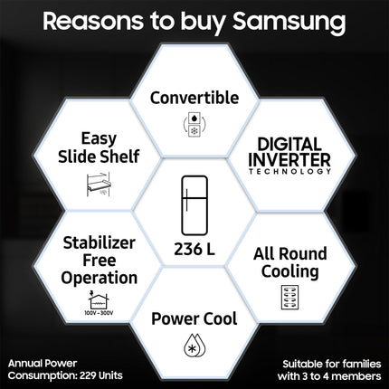 Samsung 236 L, 3 Star, Convertible, Digital Inverter with Display Frost Free Double Door Refrigerator (RT28C3733S8/HL, Silver, Elegant Inox) 