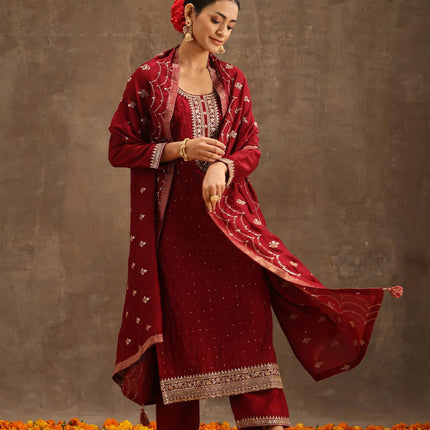 Libas Women's Silk Blend Kurta Sets (38088O_Maroon 