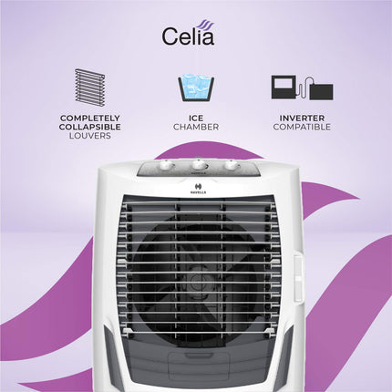 Havells Celia 55L Air Cooler for home | Ice Chamber | Collapsible Louvers | 4 Leaf Metal Blade | Powerful Air Delivery | Everlast Pump | 3 Side High Density Honeycomb Pads | Heavy Duty (White/Grey) 