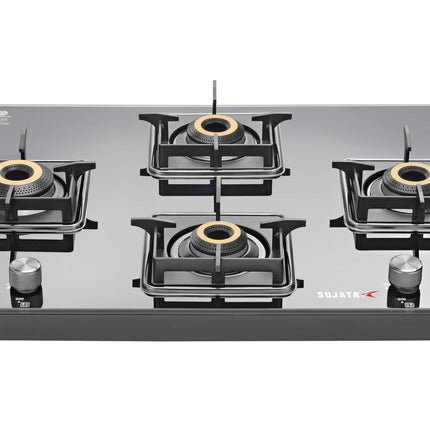 Sujata Cross Gas Stove | 9 Years Warranty | 4 Burner Gas Stove Glass Top, SABAF, ISI Certified, LPG & PNG Compatible, 360° Rotating Brass Gas Nozzle, Jumbo Brass Burner (Black) 