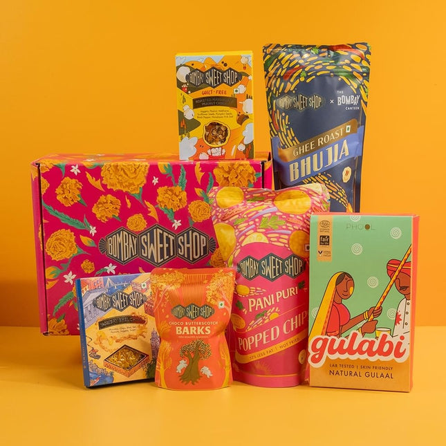 Bombay Sweet Shop Holi Gift Hampers | Holi Sampler Box (6 products) | Gourmet Gift Hamper | Chocolate, Namkeen Snacks| Sweet Treats | Phool’s Pink Natural Gulaal Holi Colors | Gift for Men and Women | Healthy Snacks | Snacks Combo 
