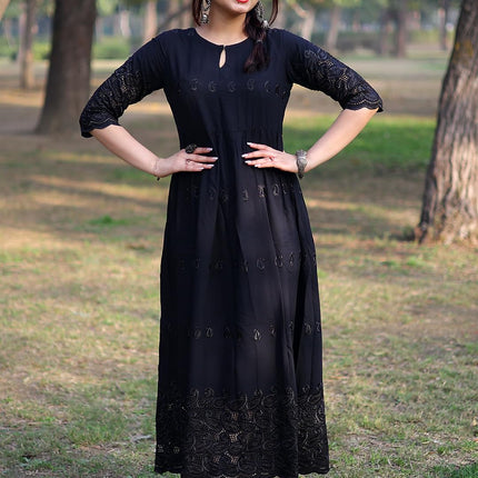 Libas Women's Viscose Rayon A-Line Long Casual Dress (8404MJ_Black 