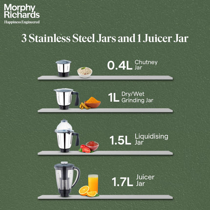 Morphy Richards Icon Superb 750 Watts Mixer Grinder| 4 Stainless Steel Mixer Jars Including Juicer Jar| 3-Speed Control With Pulse Effect Mixie| 1-Yr Warranty By Brand| Dark Grey 