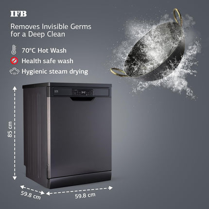 IFB 16 Place Setting Dishwasher with Ion Technology, Auto Programs, (Neptune VX16, 70 Degree Hot Water Wash, Hygienic Steam Drying, with Extra Third Rack, Inox Grey) 