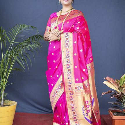SGF11 Women's Paithani Kanjivaram Pure Soft Silk Handloom Saree Pure Golden Zari With Blouse Piece (Pink) 