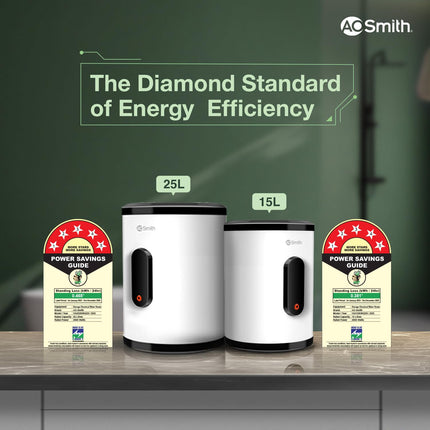 AO Smith Geyser 25 Litre 5 Star BEE Rating | 2KW | Storage Water Heater With 2X Corrosion Resistant Blue Diamond Glass Tank | Warranty: 7 Yr Tank, 3 Yr heating element & 2 Yr Overall | VAS PLUS 25L 