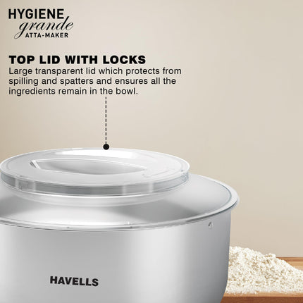 Havells Hygiene Grande Atta Kneader Dough Maker with 5L SS Bowl, Up to 1 KG Dough Maker, 4 Speed, Aluminium Dough Hook, Transparent Anti Splatter Lid with Lock, Hands Free Operation, 2 Yr Warranty 