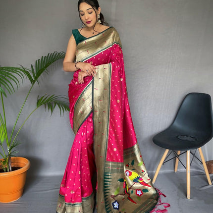 SGF11-Women's Kanjivaram Paithani Silk Saree Golden Zari With Blouse Piece (Pink) 