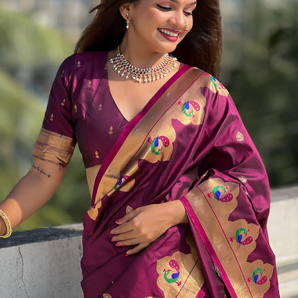SGF11 Women's Kanjivaram Paithani Pure Soft Silk Saree For Womens With Unstitched Blouse Piece (Purple) 