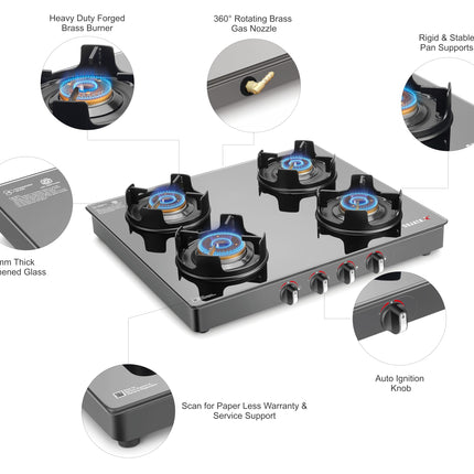 Sujata Deluxe Auto Ignition Gas Stove | 9 Years Warranty | Gas Stove 4 Burners Glass Top, 4 Burner Stove, SABAF, ISI Certified, LPG & PNG Compatible, Jumbo Brass Burner (Black) 