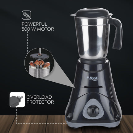 Judge by Prestige 500 Watts ACE Mixer Grinder with 3 Stainless Steel Jars| 3 Efficient Stainless Steel blades| Overload Protector| Sturdy Handles| Black 